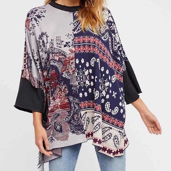 FREE PEOPLE Sz M/L PIECED W/PAISLEY FRINGED PONCHO SWEATER TUNIC PURPLE - Picture 2 of 15